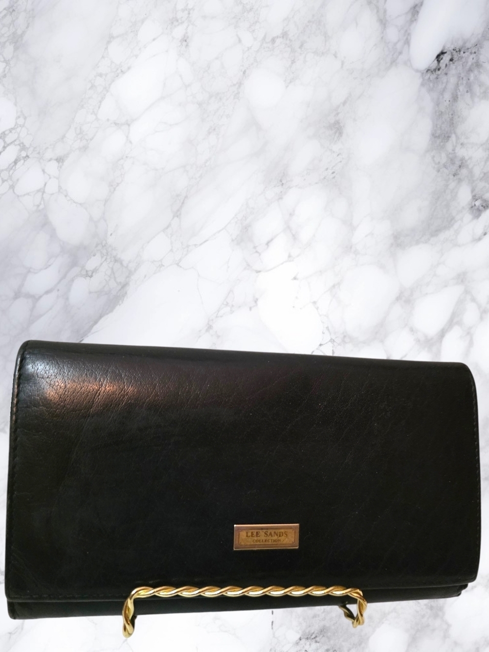 Vintage Lee Sands Black Leather Frame Wallet Clutch Organizer Kisslock Style